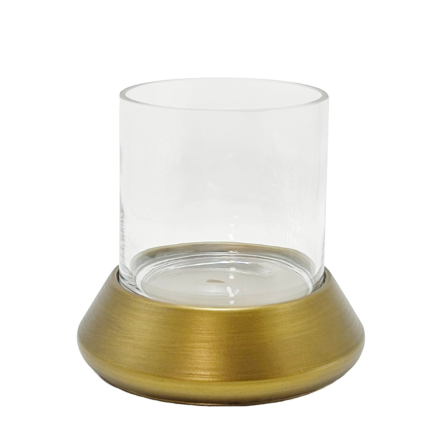 9" Farmhouse Glass Hurricane Candle Holder & Glass Vase with Metal Base in Antique Brass for Pillar & Flower Arrangement, Candlestick Holder, Terrarium, Centerpiece, Console, Dining Table, Mantel