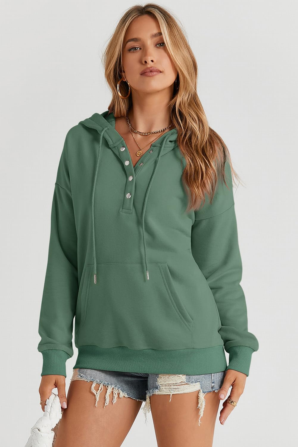 Dokotoo Hoodies for Women Early Fall Fashion Drawstring V Neck Long Sleeve Front Button Collar Hooded Pullover Hoodie with Pockets Winter Sweatshirt Loose Fit Casual Ladies Shirt Tops Green X-Large