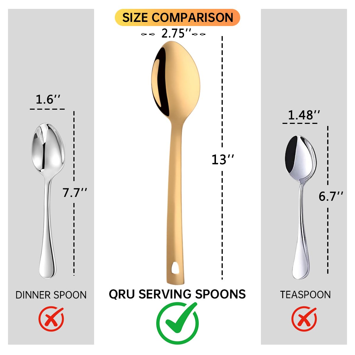 13-Inch Large Stainless Steel Serving Spoons Set, Long Handle Buffet Utensils, Dishwasher Safe (Gold, 6 piece)