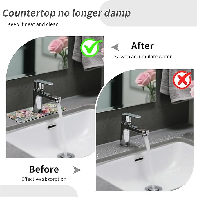 Kitchen Sink Splash Guard，soft-watercolor floral Faucet Mat Sink Gadgets-Super