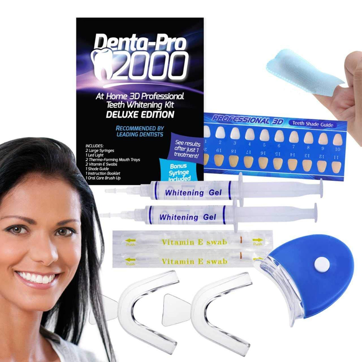 DentaPro 2000 3D Teeth Whitening Kit – Deluxe Addition Includes LED Light, (2) 5ml Gel Syringes, Custom Moldable Tray (2), Vitamin E Swab (2), Shade Guide – See Results After Just One Use!