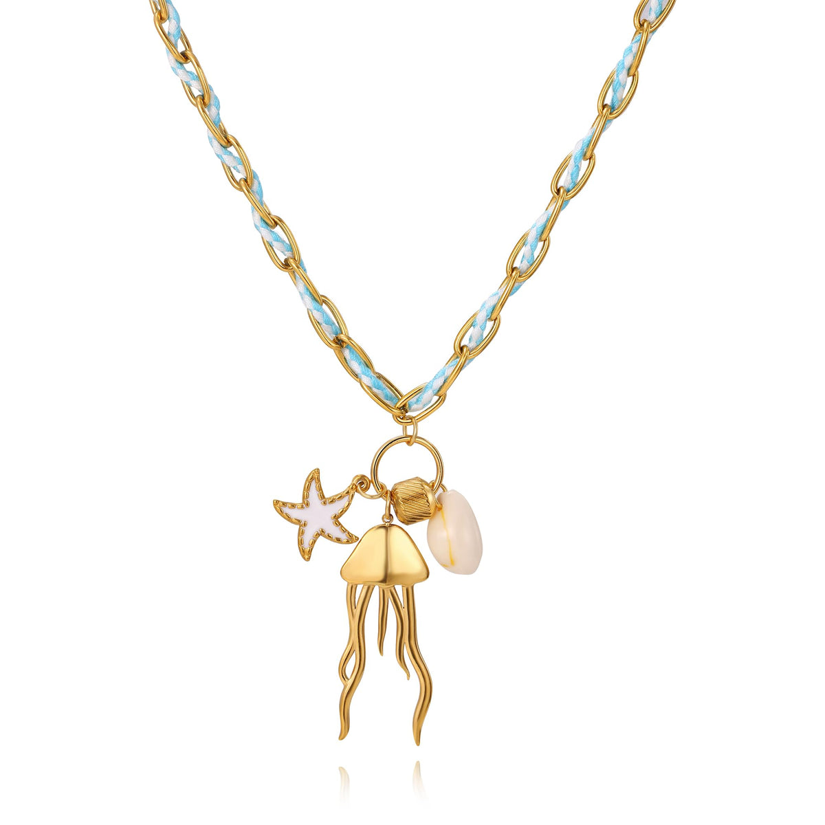 WASAIE Jellyfish Starfish Shell Blue Charm Braided Choker Necklace for Women, Adjustable Gold Plated Stainless Steel Paperclip Chain, Beach Surf Vacation Summer Travel Jewelry