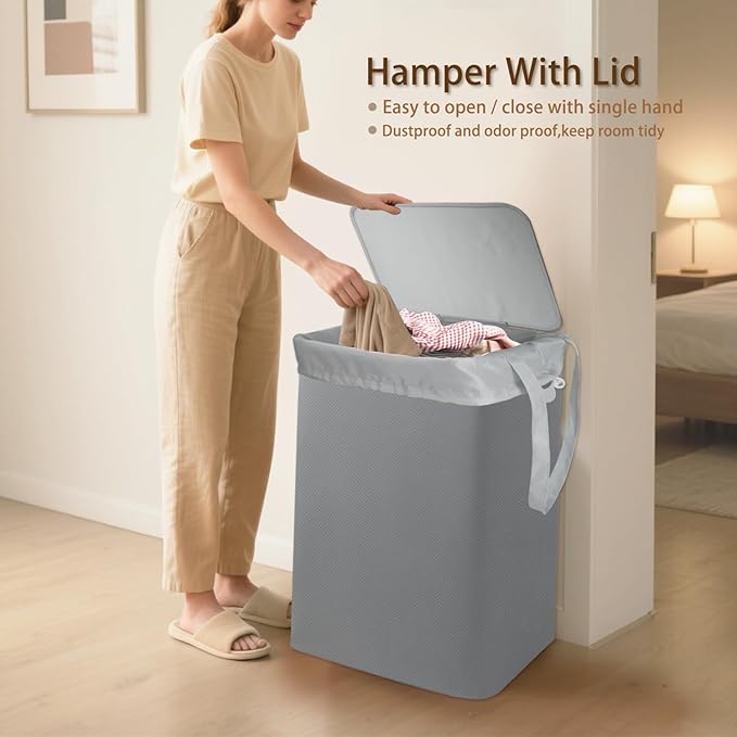 Foldable Laundry Hamper with Lid & Laundry Bag with Drawstring, Portable