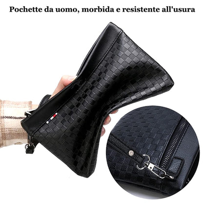 A-QMZL Men's Leather Clutch Bag Large Capacity Business Clutch Bags Wallet Card Slots Pockets with Zipper Wallets for Men with Wrist Strap Wrist Bag Work Travel Casual, Black, 26*17*3.5cm, Retro