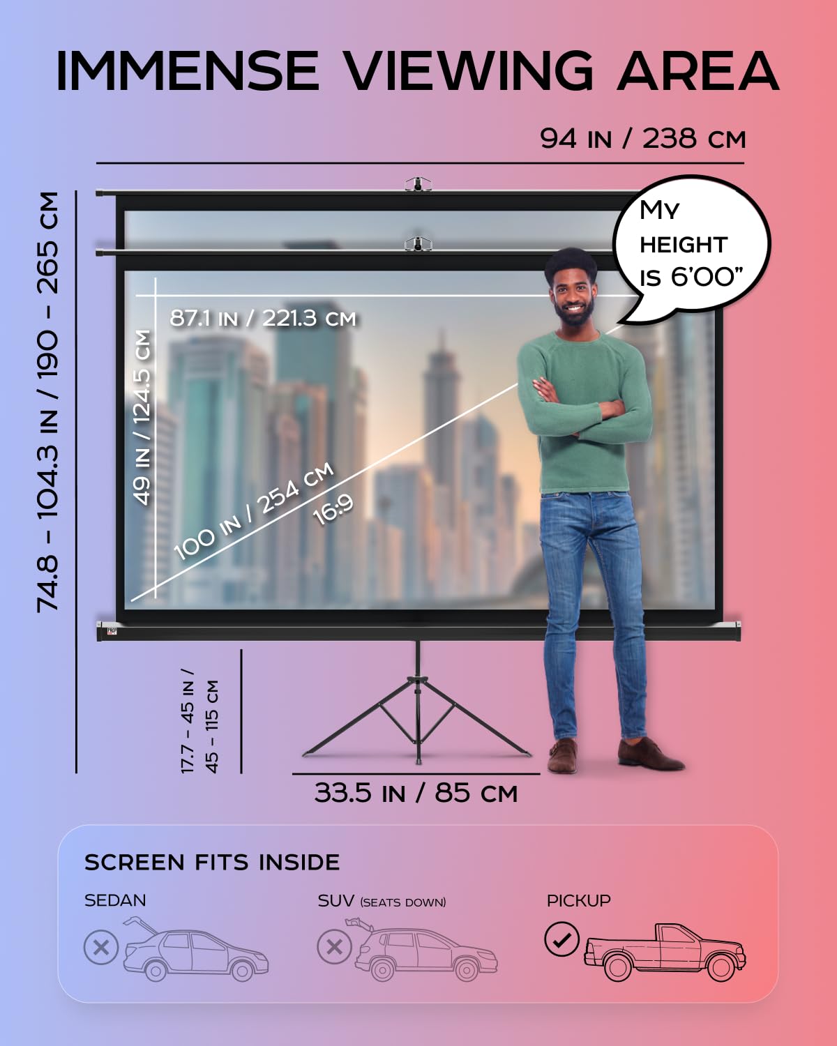 100 Inch Indoor and Outdoor Projector Screen with Stand for Movies or Presentations - HD Premium 16:9 Folding Free Tripod Screen with Carry Bag and Straps, Matte