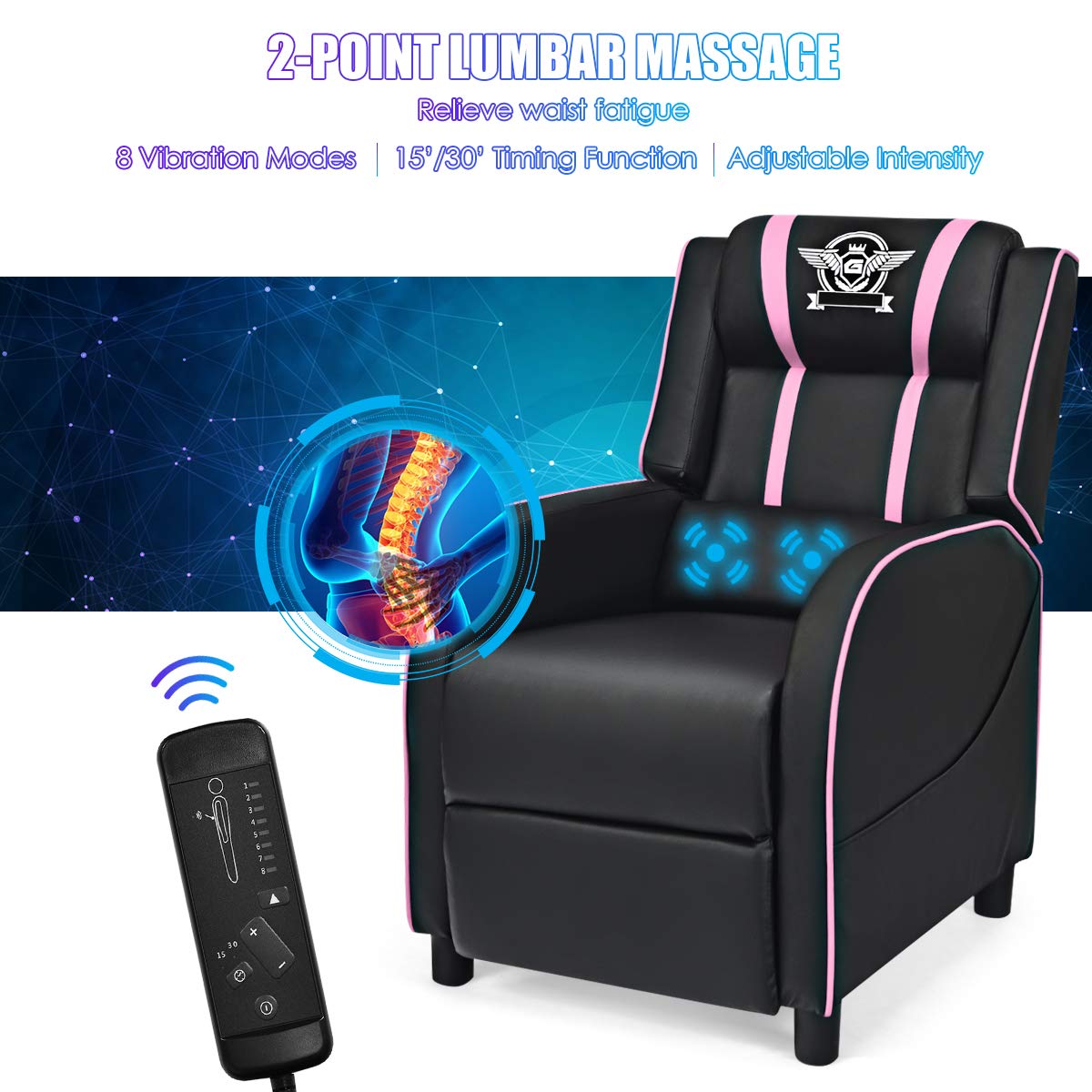 Giantex Gaming Recliner Chair, Adjustable Massage Gaming Chairs for Adults, Ergonomic Comfortable Lounge Leather Sofa w/Footrest, Remote Control & Side Pocket, Racing Style Single Sofa Recliners, Pink
