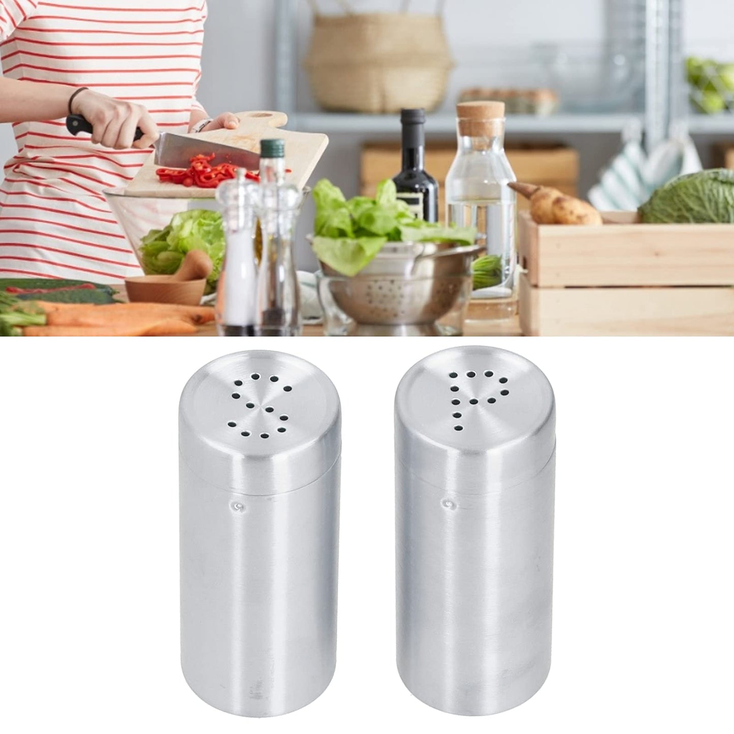 2Pcs Stainless Steel Spices Shakers, Salt and Pepper Shakers Set Seasoning Bottle Spices Jars Dispenser with Shaker Lids Silver