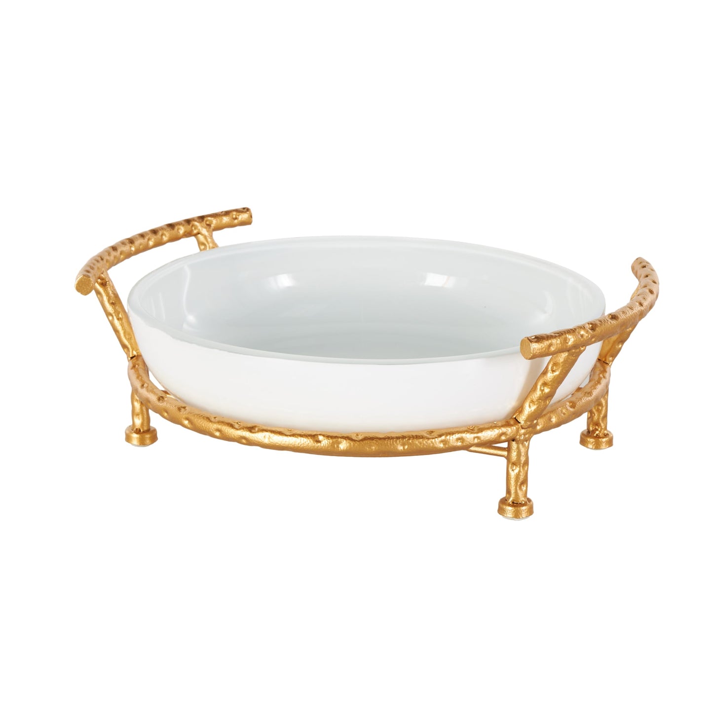 Deco 79 Tempered Glass Kitchen Serving Bowl with Gold Metal Stand, 15" x 12" x 5", White