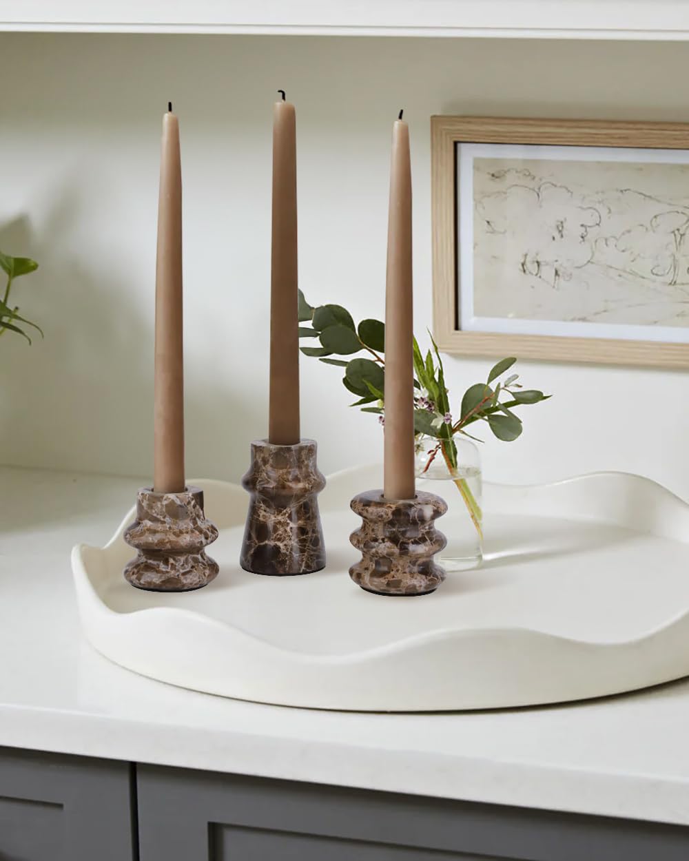 Vixdonos Marble Candle Holder Set of 3 Taper Candle Candlestick Mantle Candle Stand for Home Decor,Wedding,Party and Table Centerpieces(Brown)
