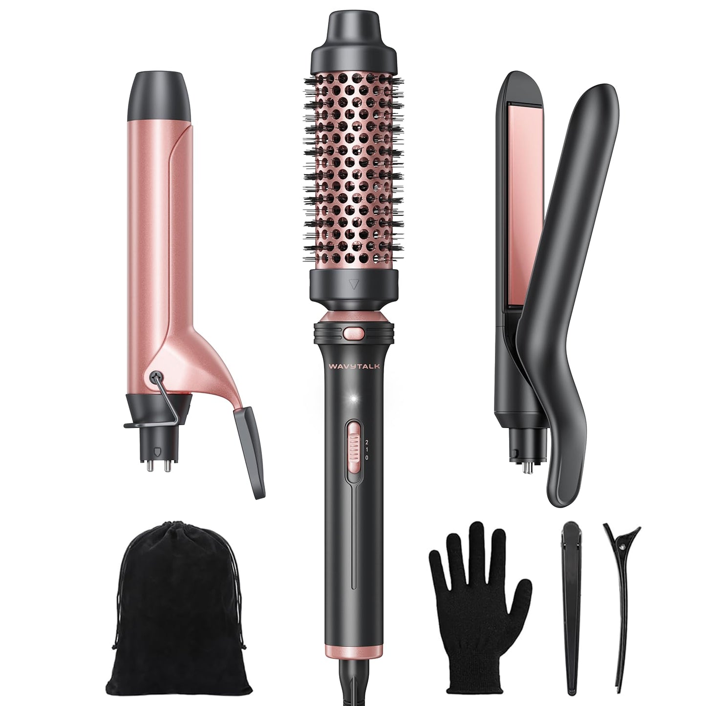 Wavytalk 3 in 1 Curling Wand Set, Multi Curl, Curling Iron Set with Heated Round Brush, Flat Iron Hair Straightener, 1 1/4 inch Curling Iron, Dual Voltage Hair Curler(Pink)