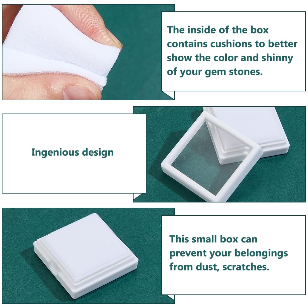 BENECREAT 48Pcs White Gemstone Display Box, 1.57x1.57x0.6Inch Plastic Transparent Bare Stone Box Square Gem Box with Clear Top Lids for Gems Jewelry Packing