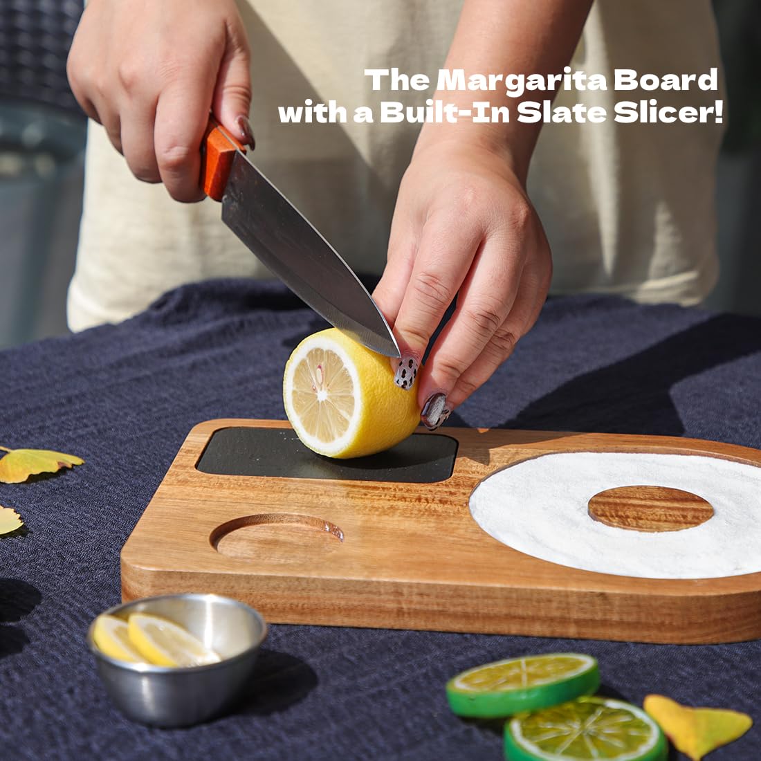 HALE OTEIR Margarita Salt Rimmer Set - Acacia Wood Cocktail Salt & Sugar Rim Maker with Slate Board, Lemon Slicer & Serving Bowl - Bartender Tools for Margaritas, Bar Accessories