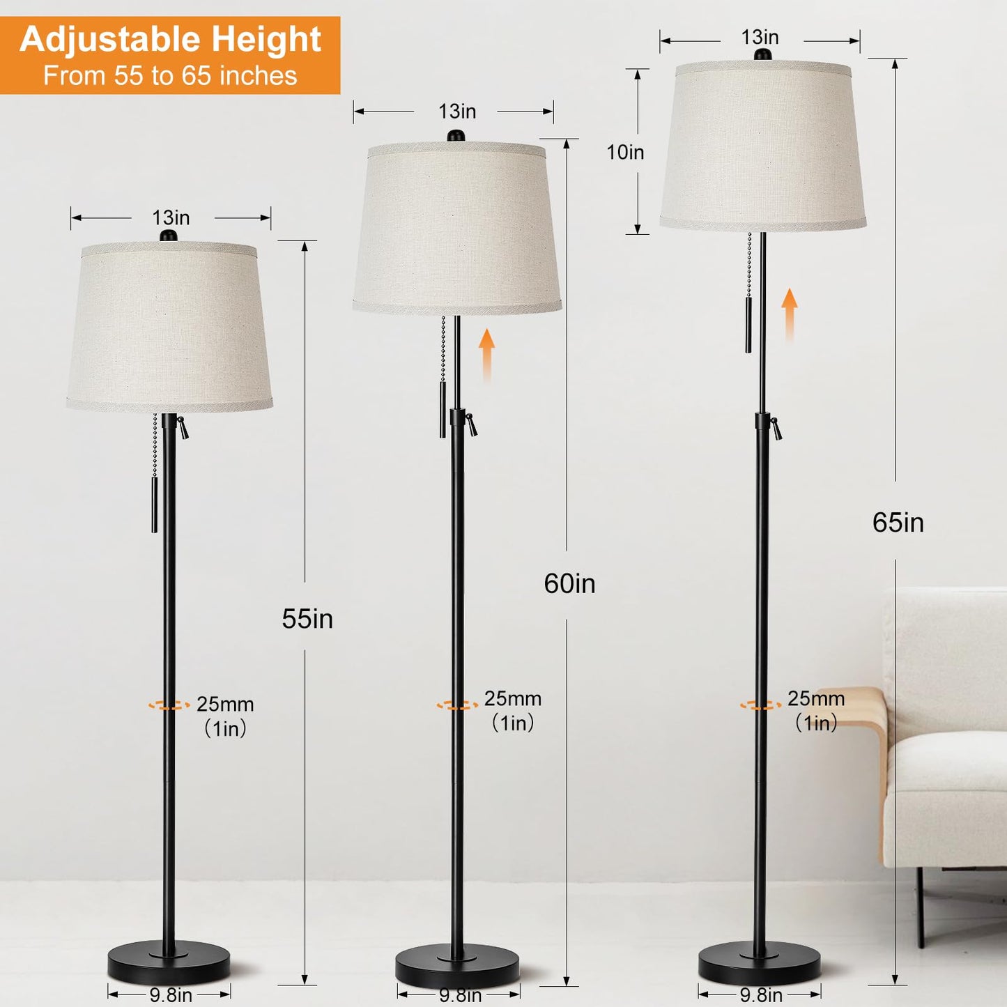 JUNNAI Floor Lamps for Living Room, Black Floor Lamp Adjustable Height Standing Lamp, Dimmable Modern Tall Floor Lamp for Bedroom Office with Beige Linen Shade, 8W 3000K Bulb Included