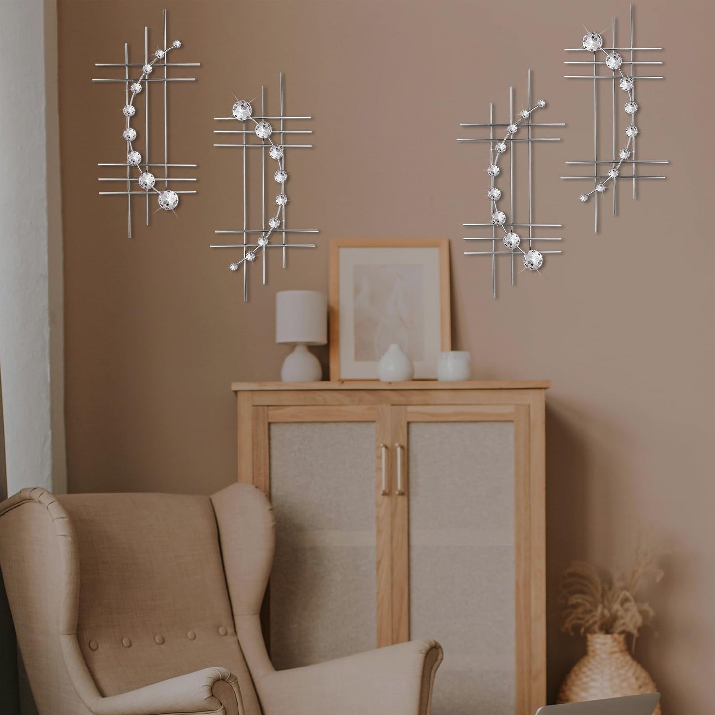 ZEXUIRU 4 Pcs Abstract Metal Wall Art for Home Decor Living Room Bedroom Bathroom Office Metal Bling Modern Geometric Hanging Vertical Small Iron Sculpture Plaque Pack -Silver 16.5in