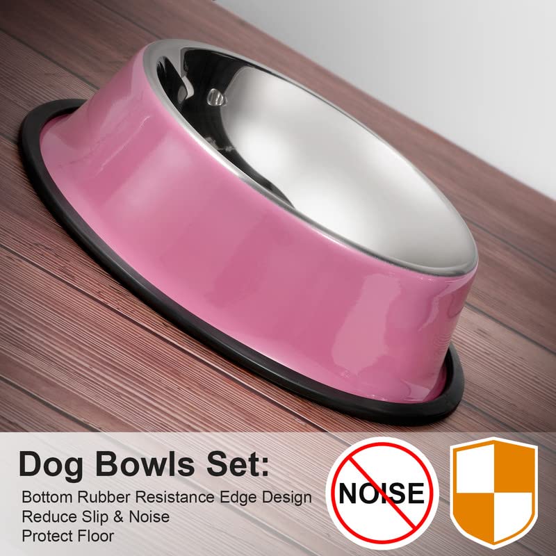 WERFORU 2 Pieces Dog Bowls Stainless Steel Dog Cat Pet Bowls for Feeding Water and Food Pink Medium Size