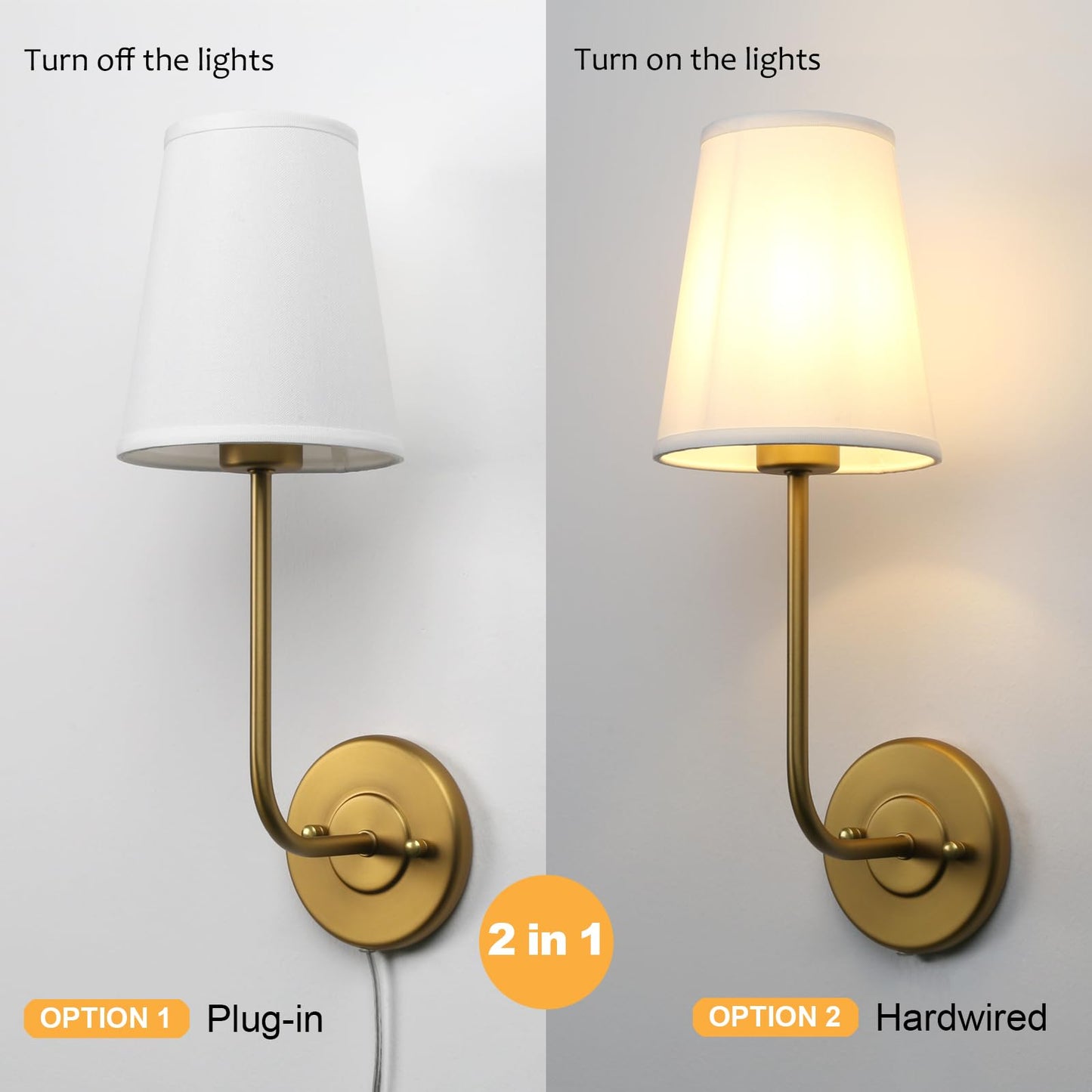 Pathson Set of 2 Plug in Wall Sconces, Rustic Wall Lighting Fixtures with On/Off Switch and Pure White Fabric Lampshade, Antique Brass Wall Lamps for Living Room Bedroom