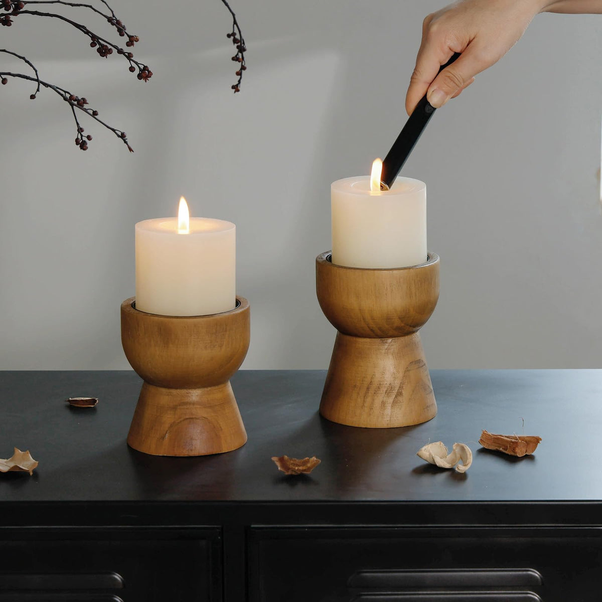 NIKKY HOME Farmhouse Wooden Pillar Candle Holders Set of 2, Mantel Decor