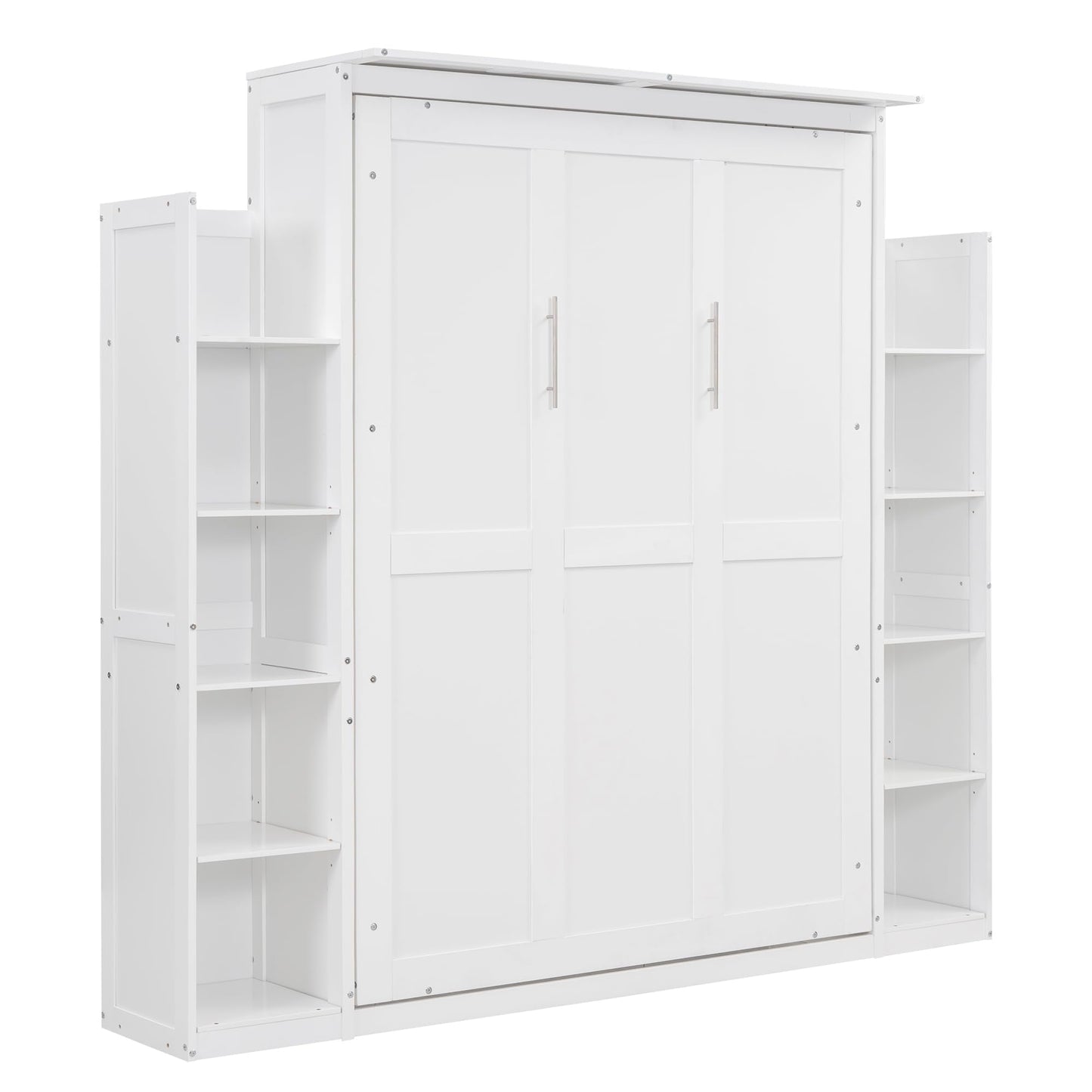 MERITLINE Queen Murphy Bed with Storage Shelves and LED Lights, Wood White Murphy Wall Bed Cabinet with Bookcase Bookshelf for Adults