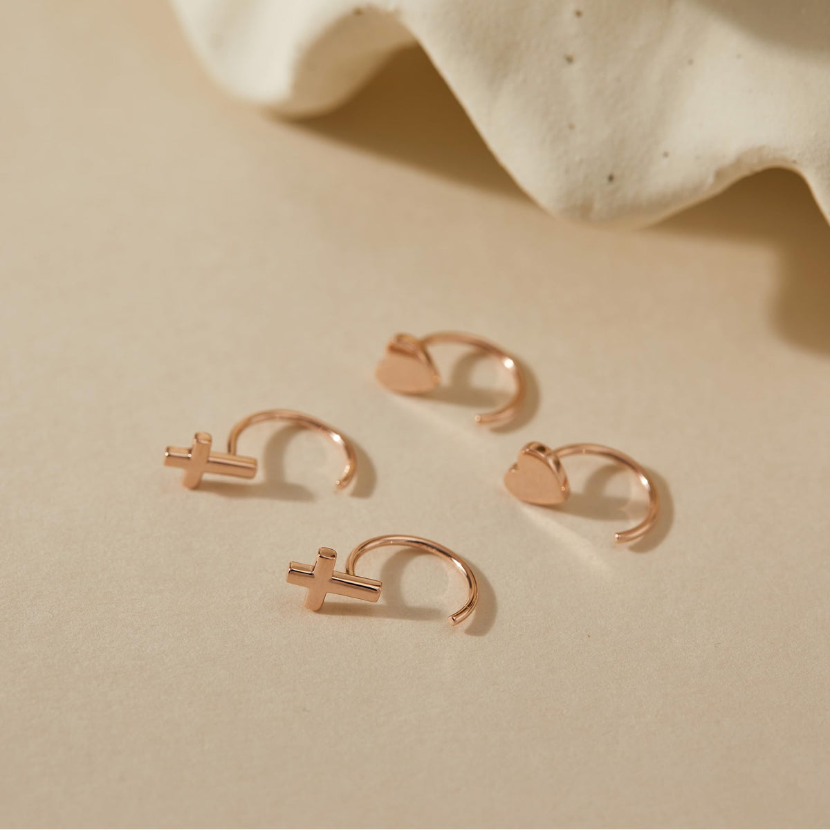 Half Hoop Earrings 18K Rose Gold Plated 925 Sterling Silver Cross & Heart Huggie Earrings Open Huggie Hoop Earrings Huggy Sleep Earrings for Women 2 Pairs