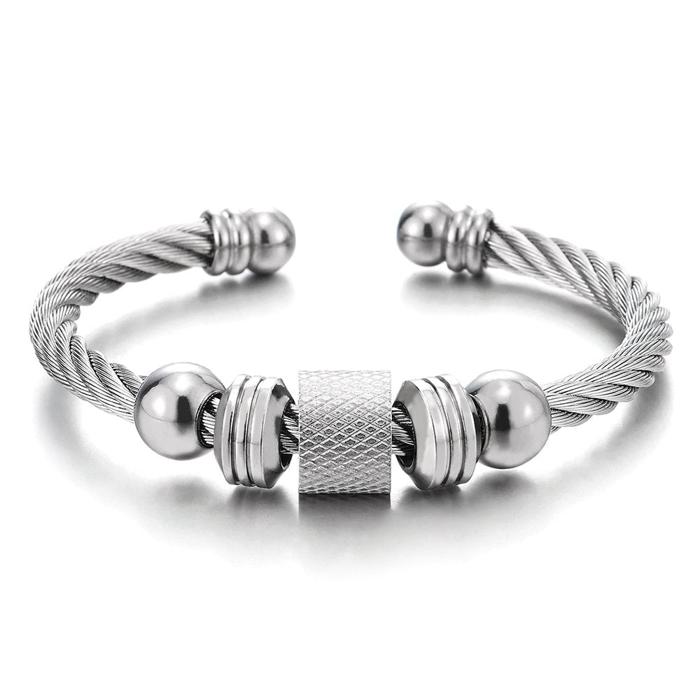 COOLSTEELANDBEYOND Steel Twisted Cable Cuff Bangle Bracelet for Men Women with Beads Charms, Polished Adjustable