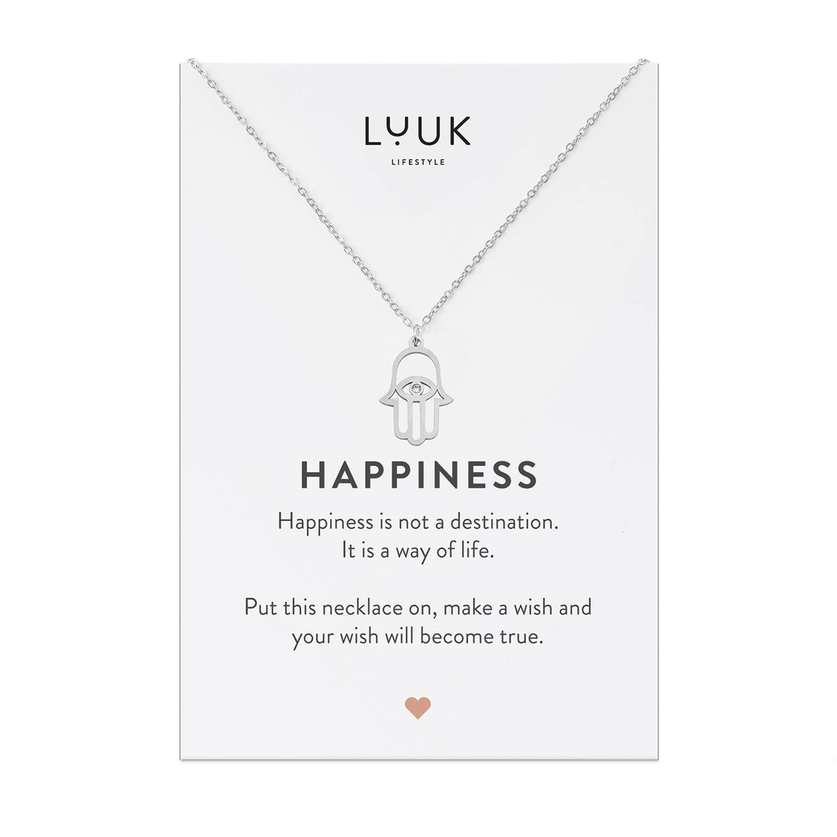 LUUK LIFESTYLE Stainless steel necklace for women with Fatima|Buddha hand pendant and HAPPINESS gift card, zen hamsa jewelry for protection against bad luck, hippie chic boho style aspect, silver