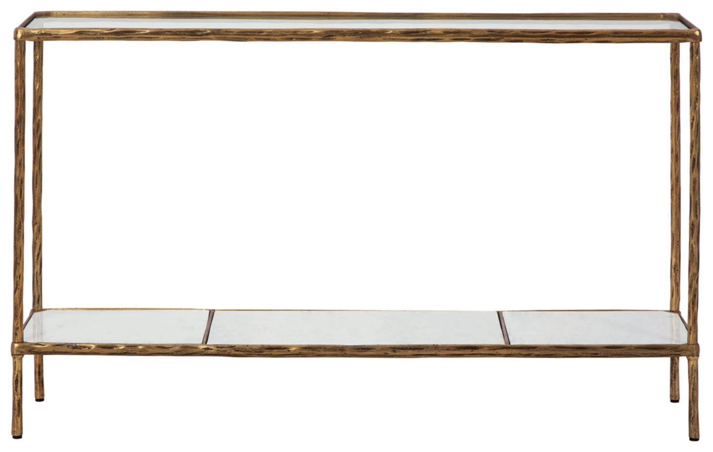 Signature Design by Ashley Ryandale Console Sofa Table, Glass Tabletop, White Marble Lower Shelf, Sand Casted Aluminum, 52" W x 12.5" D x 32.75" H, Antique Brass Finish