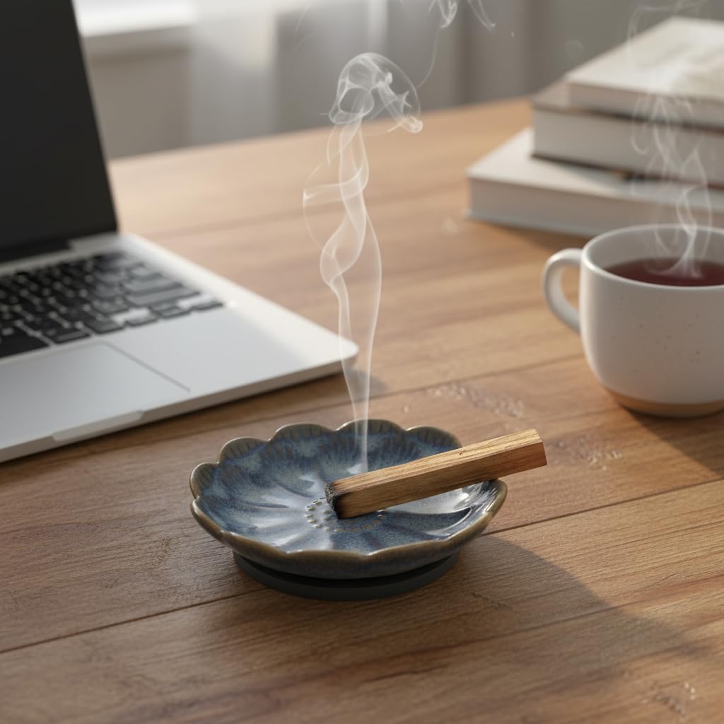 Pinehaven Lotus Incense Holder – 5.5 Inch Ceramic Tray with Ash Catcher, Blue, Solid Brass 9-Hole Insert – for Incense Sticks, Palo Santo, Sage & Cones – Zen Meditation Home Decor