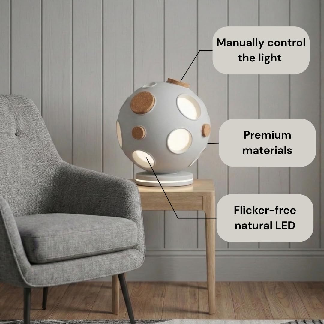 ARMSTRONG 671 Moon-Inspired Table Lamp, Adjustable Glow, Interactive Cork Details, Ergonomic Design,Ivory and Gray Available (Ivory)