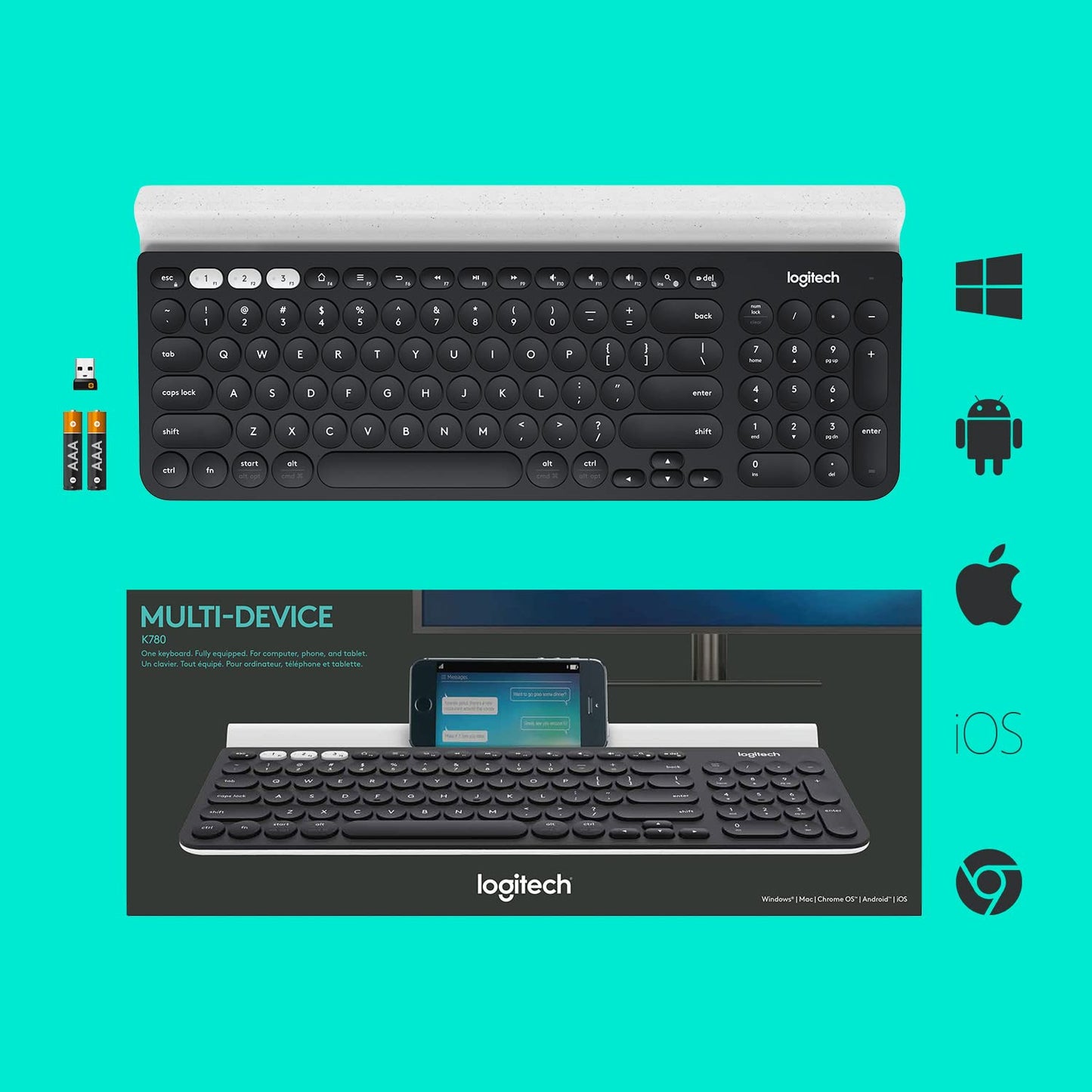 Logitech K780 Multi-Device Wireless Keyboard for Computer, Phone and Tablet – Logitech FLOW Cross-Computer Control Compatible – Speckles