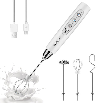 YUSWKO Black Handheld Milk Frother Wand for Coffee, Rechargeable Electric Whisk with 3 Heads 3 Speeds Drink Mixer Coffee Frother For Latte, Cappuccino, Hot Chocolate, Egg