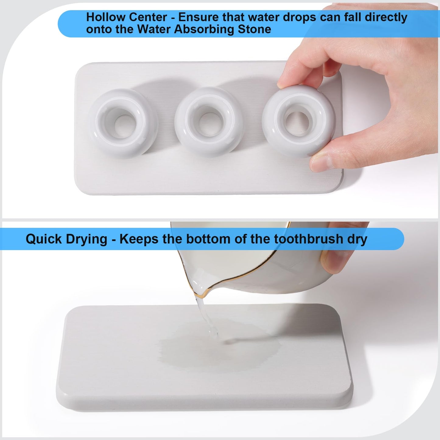 Dersyer 3 Pack Mini Ceramic Toothbrush Holder Stand with 1 Pack Water Absorbing Stone for Bathroom Vanity Countertop, Toothbrush Organizer, White
