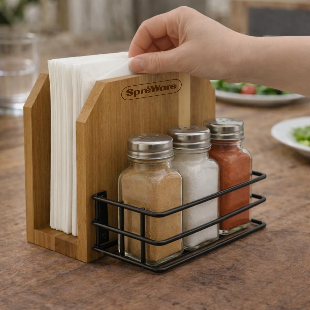 SPREWARE Acacia Wood Napkin Holder with 3 Salt & Pepper Shakers, Rustic Tabletop Napkin and Condiment Caddy, EVA Anti‑Slip Base, Holds 80 Standard Napkins – Grateful Thankful Blessed Design