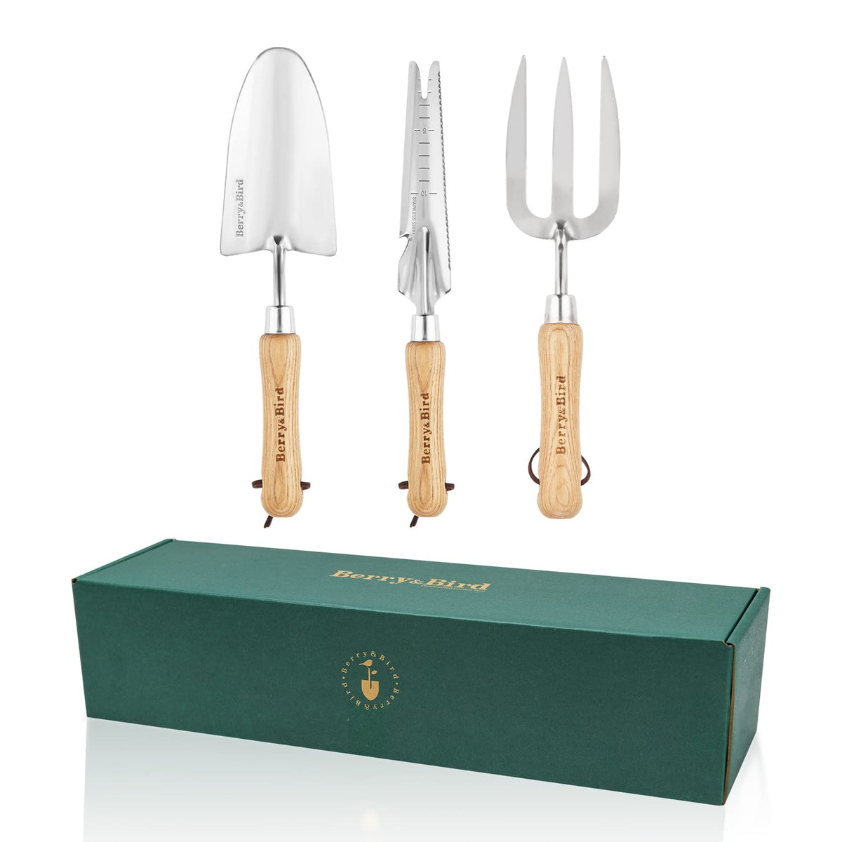 Berry&Bird Gardening Hand Tool Set - 3PCS Stainless Steel Garden Tool Kit Multifunctional Tool with Wooden Handle Trowel, Fork & Weeder for Weeding Planting Transplant, Ideal Garden Gift for Women&Men