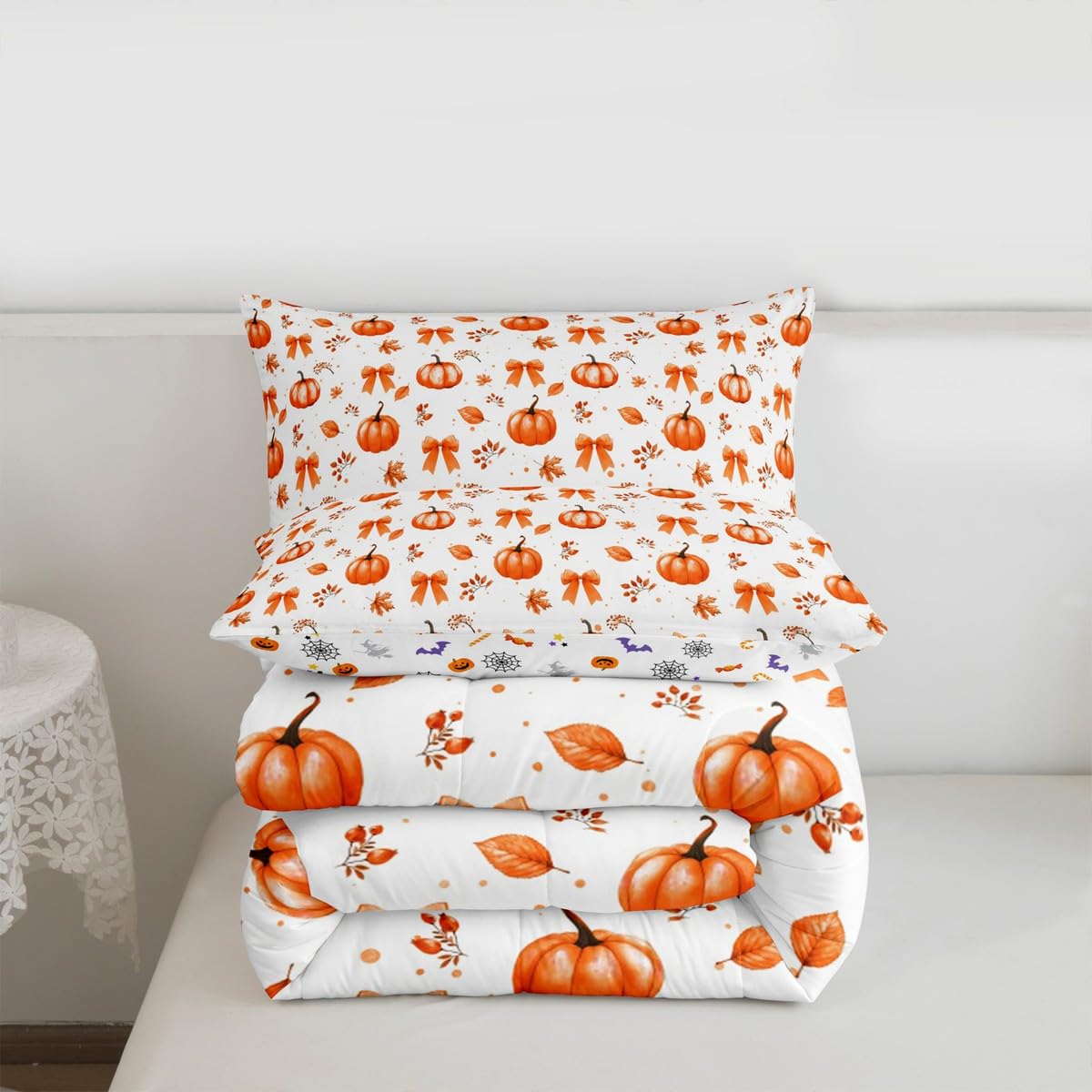 Erosebridal Thanksgiving Pumpkin Comforter Set Fall Decorations Bow Full Size Bedding Sets | Autumn Harvest Theme Comforter Maple Leaf Fall Leaves Bowknot Bed Set
