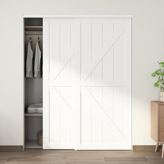 JUBEST 72"(Double 37") x80 Sliding Closet Door, K Style Bypass Closet Door with Hardware Kit & Matching Fascia, Preassembled Solid Wood Slab with Water-Proof PVC Surface, Easy to Install, White