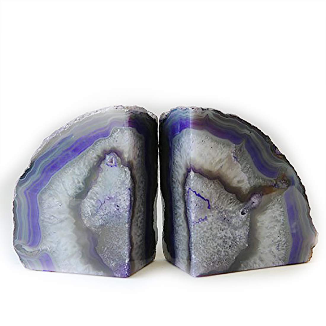 JIC Gem Dyed Purple Natural Agate Bookends Polished Stone Book Ends Crystal Geode Bookends for Shelves to Hold Books with Rubber Bumpers(1 Pair, 3-4 LBS)