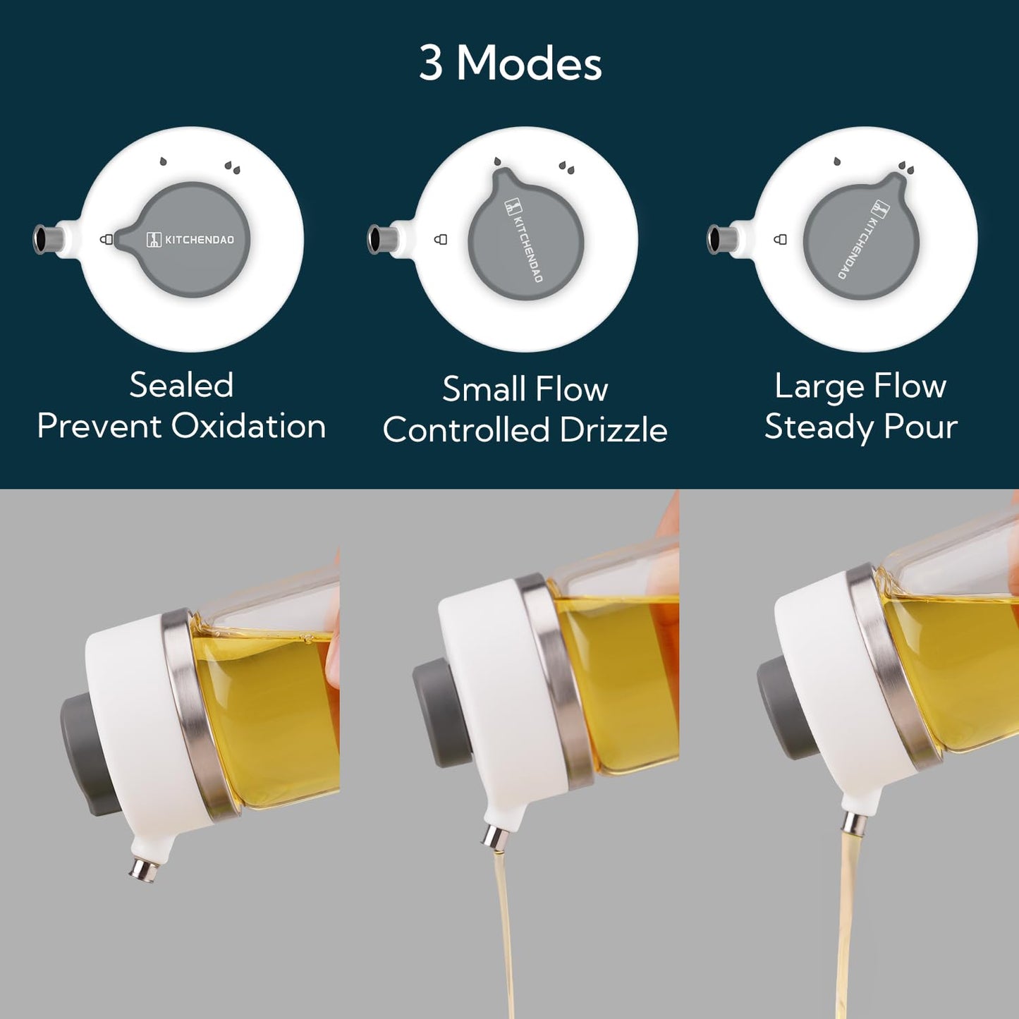 KITCHENDAO Precision Pour Glass Oil Dispenser with 3 Modes, Drip-free Spout, Two Adjustable Flowing Speed, 12 oz Vinegar Dispenser Bottle for Kitchen, Borosilicate Glass Olive Oil Bottle for Cooking