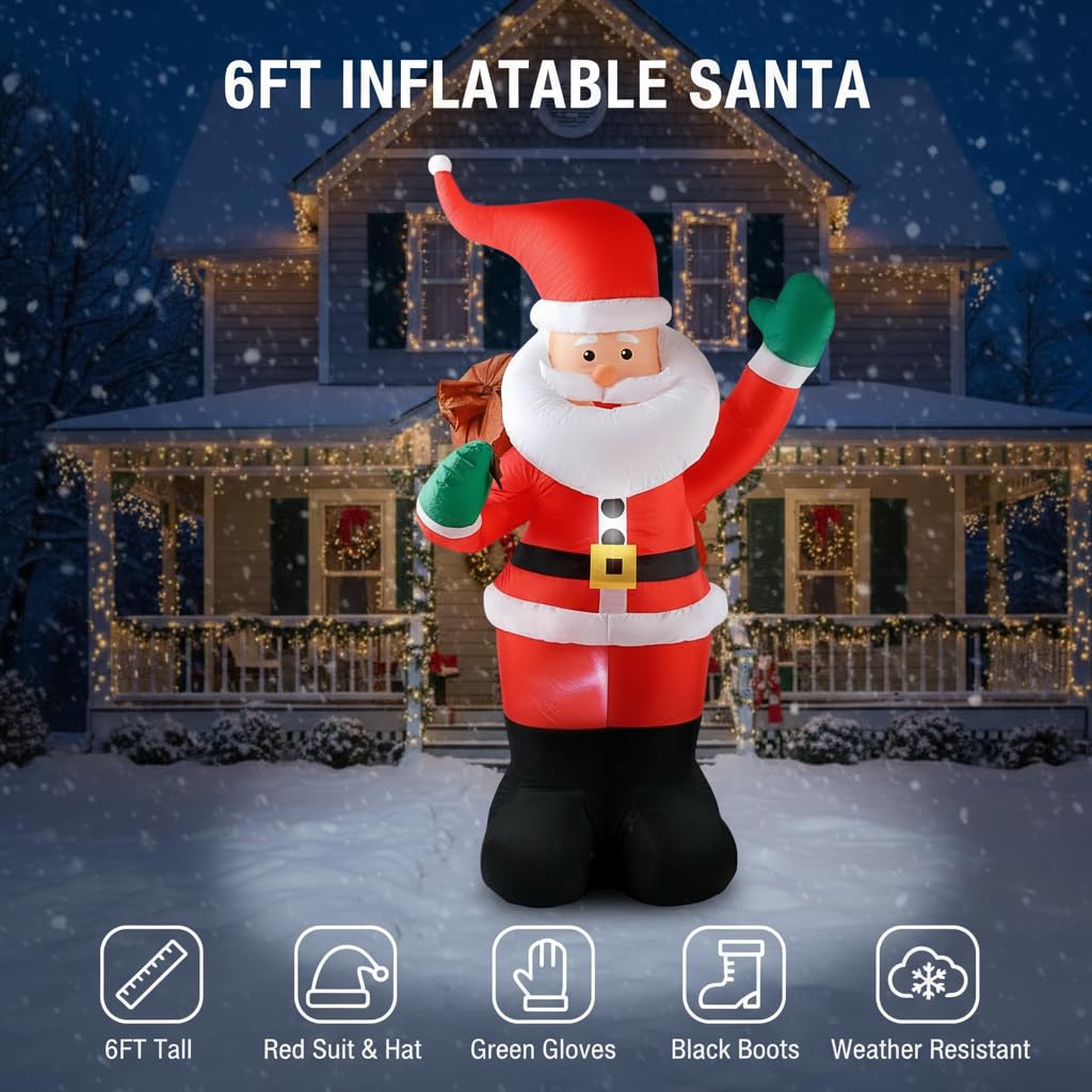 COOLWUFAN 6 FT Christmas Inflatables Santa Claus with Gifts Bag, Christmas Inflatables Outdoor Decorations, Built-in LED Lights Holiday Blow Up Yard Decoration Clearance for Yard, Holiday, Parties