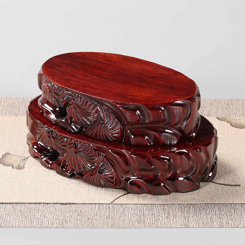 GOLDY&WENDY Solid Wood Carved Stone Buddha Statue Ornament Base Teapot Vase Bonsai Fish Tank Oval Display Stand Pedestal