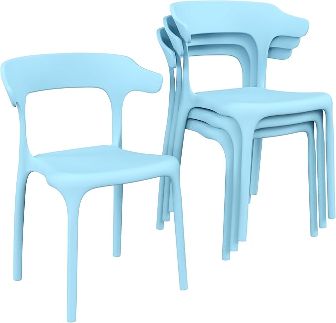 VECELO 4 Pack Plastic Stacking Chairs, Stackable Dining Chairs for Kitchen Restaurant Patio, Portable Indoor Outdoor Use, No Assembly Required, Blue