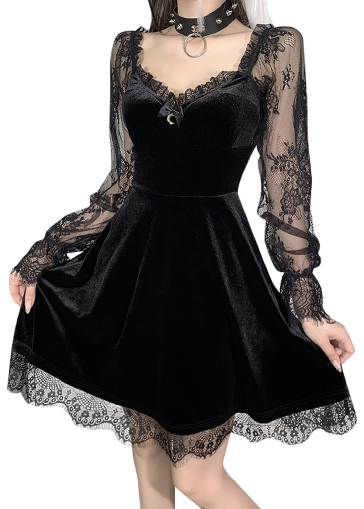 Goth Women Gothic Black Dress Dark V Neck Grunge Sexy Dress Aesthetic Autumn Vintage Long Sleeve Harajuku Mini Dress