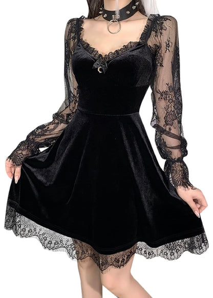 Goth Women Gothic Black Dress Dark V Neck Grunge Sexy Dress Aesthetic Autumn Vintage Long Sleeve Harajuku Mini Dress