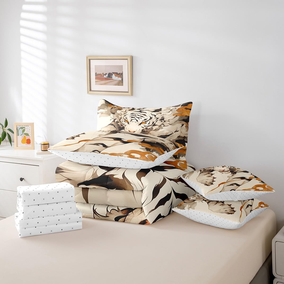 Erosebridal Tiger Full Comforter Set 7-Piece Woodland Wild Animal Bedding Sets Oriental Japanese Style Bed in A Bag 3D Cartoon Bed Sheets Set Youth Teenage Beige Room Decor,Soft for All Season