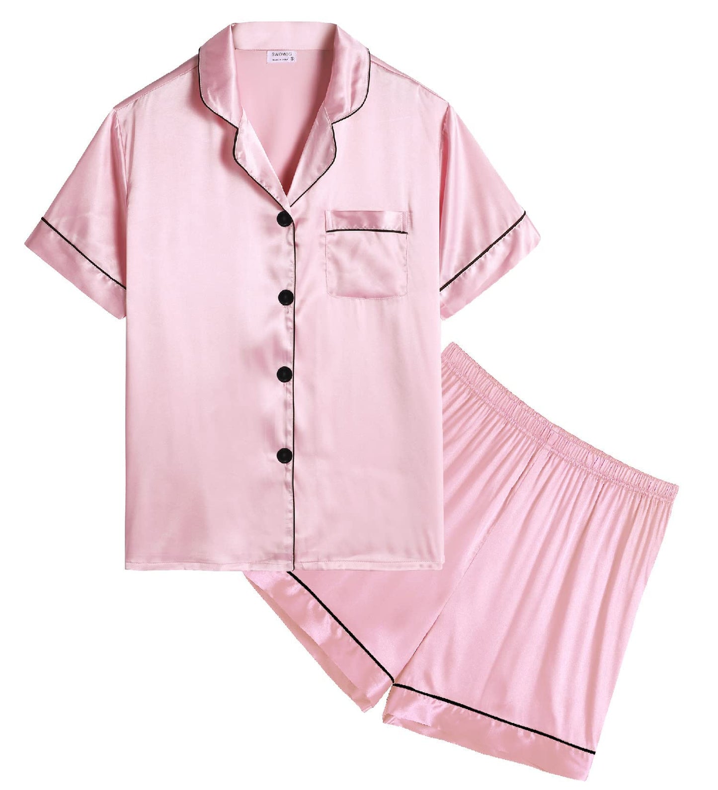 SWOMOG Girls Silk Pyjamas Short Sleeve Sleepwear Two-piece Satin Button-Down PJ Sets Kids Nightwear Summer Pyjama Gifts Pink