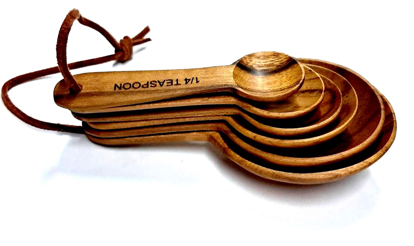 Dolphin Shop - Genuine teak wood measuring spoon set, 6-piece handmade for tea, coffee, sugar, salt, seasonings, and baking