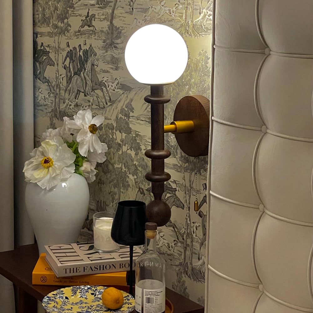 RXPVUXE Vintage Wood Wall Sconce Globe Glass Wall Lamp with Pull Chain Switch, Farmhouse Bedside Aisle Deco Lighting Fixture Retro Modern Wooden Wall Light for Living Room Hallway Stairs, E27