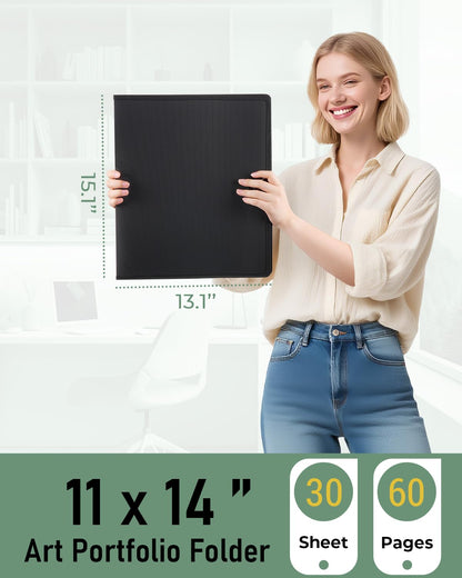 Nicpro 11x14 Art Portfolio Folder, 30 Pockets Display 60 Pages Art Painting Portfolio Binder with Clear Plastic Sleeves, Presentation Storage Book for Kids & Artists Artwork Drawing - (Black)
