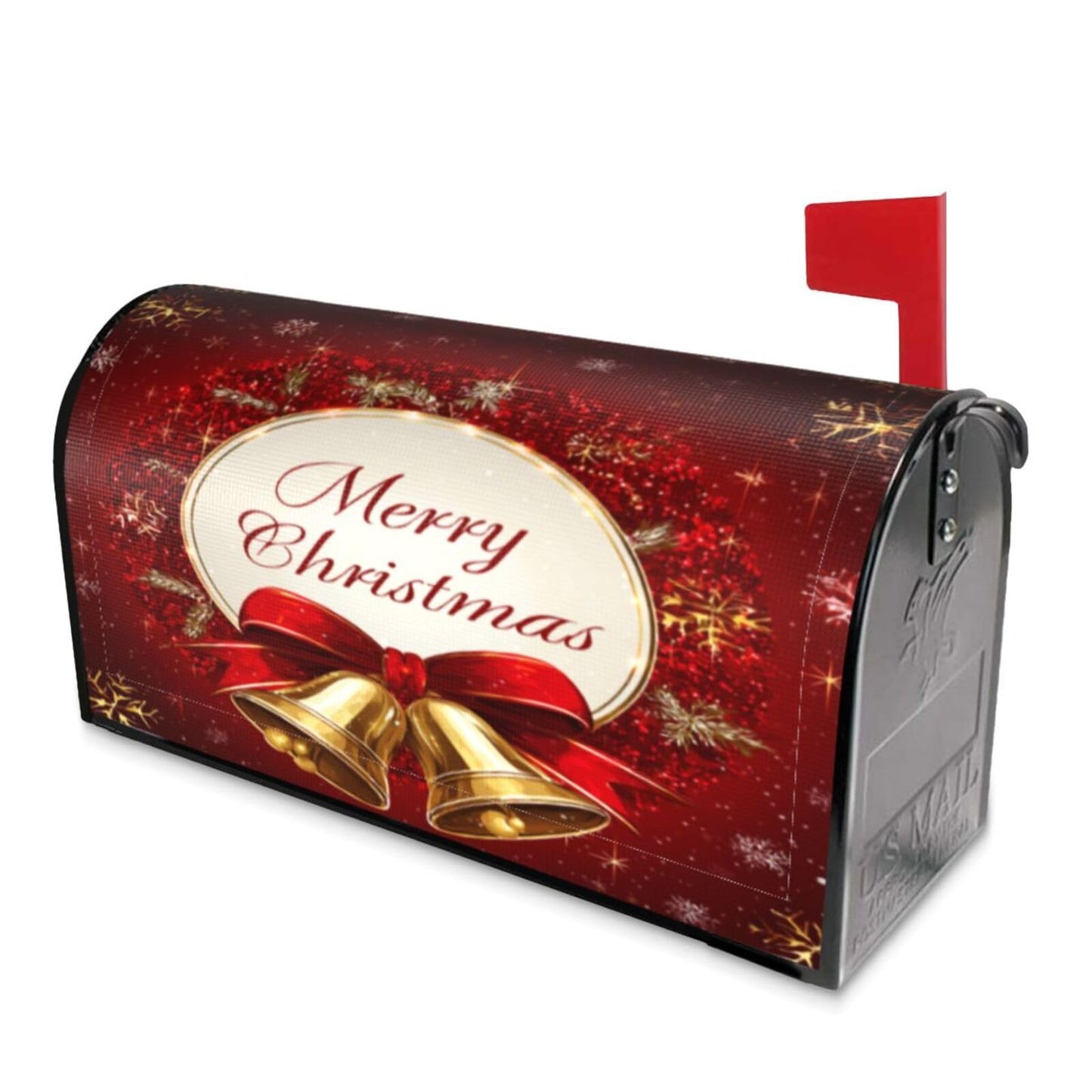 Festive Magnetic Mailbox Cover Red Christmas Bell Pattern Outdoor Mailbox Protector Holiday Seasonal Decorative Garden Yard Home Large Size 25.5 x 21 Inch