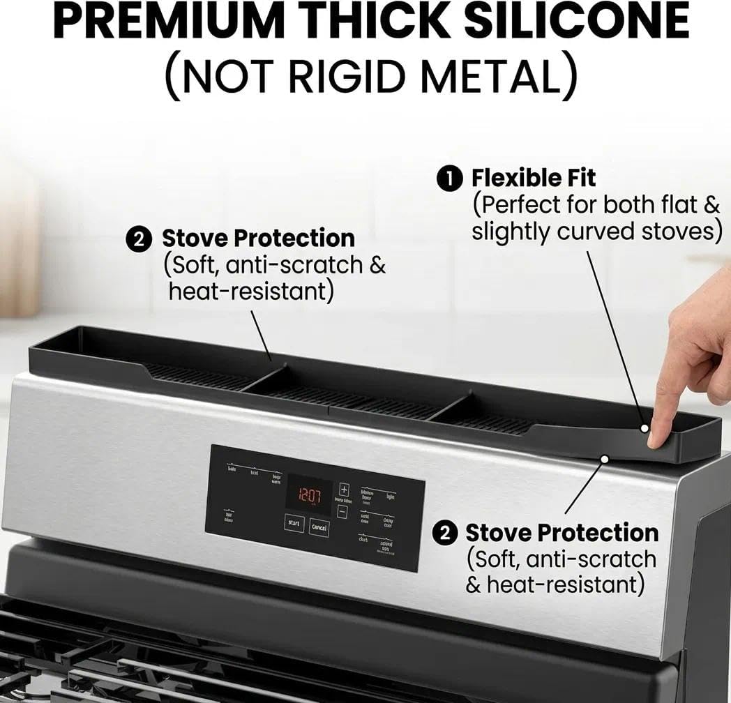 AWOKE Stove Top Shelf 30 Inch - Silicone Material Magnetic Shelf for Stove - 3 Functional Partitions Kitchen Spice Rack Organizer-Black,Kitchen Gadgets Storage Organization