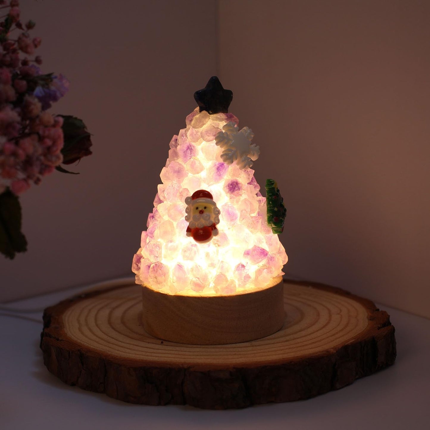 Youhot Natural Amethyst Crystal Tree Lamp - Healing Gemstone Pine Tree LED Night Light, 3.7 Inch Small Table Lamp with Wooden Base, Spiritual Home Office Decor, Zen Meditation Gift for Women & Men